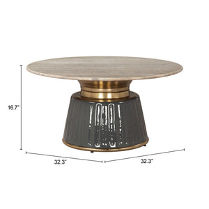 HomeRoots 33" Beige Marble & Black Wood Round Pedestal Coffee Table - Elegant Modern Design for Any Space 623338