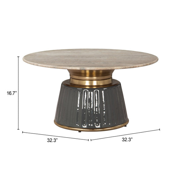 HomeRoots 33" Beige Marble & Black Wood Round Pedestal Coffee Table - Elegant Modern Design for Any Space 623338