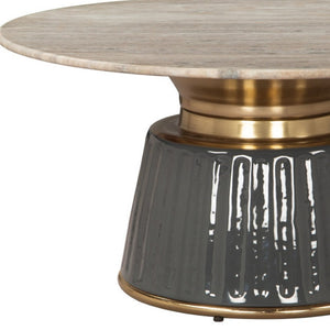 HomeRoots 33" Beige Marble & Black Wood Round Pedestal Coffee Table - Elegant Modern Design for Any Space 623338