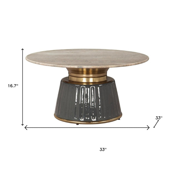 HomeRoots 33" Beige Marble & Black Wood Round Pedestal Coffee Table - Elegant Modern Design for Any Space 623338