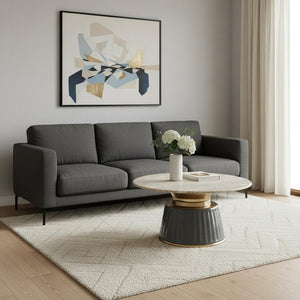 HomeRoots 33" Beige Marble & Black Wood Round Pedestal Coffee Table - Elegant Modern Design for Any Space 623338