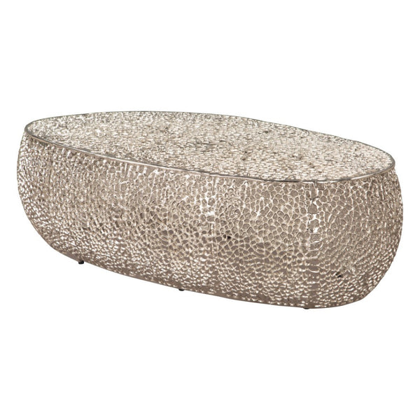 HomeRoots 50" Silver Aluminum Oval Pedestal Coffee Table - Modern Minimalist Design for Versatile Spaces 623339