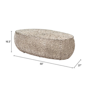 HomeRoots 50" Silver Aluminum Oval Pedestal Coffee Table - Modern Minimalist Design for Versatile Spaces 623339
