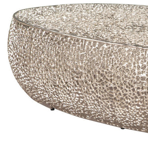 HomeRoots 50" Silver Aluminum Oval Pedestal Coffee Table - Modern Minimalist Design for Versatile Spaces 623339