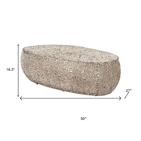HomeRoots 50" Silver Aluminum Oval Pedestal Coffee Table - Modern Minimalist Design for Versatile Spaces 623339