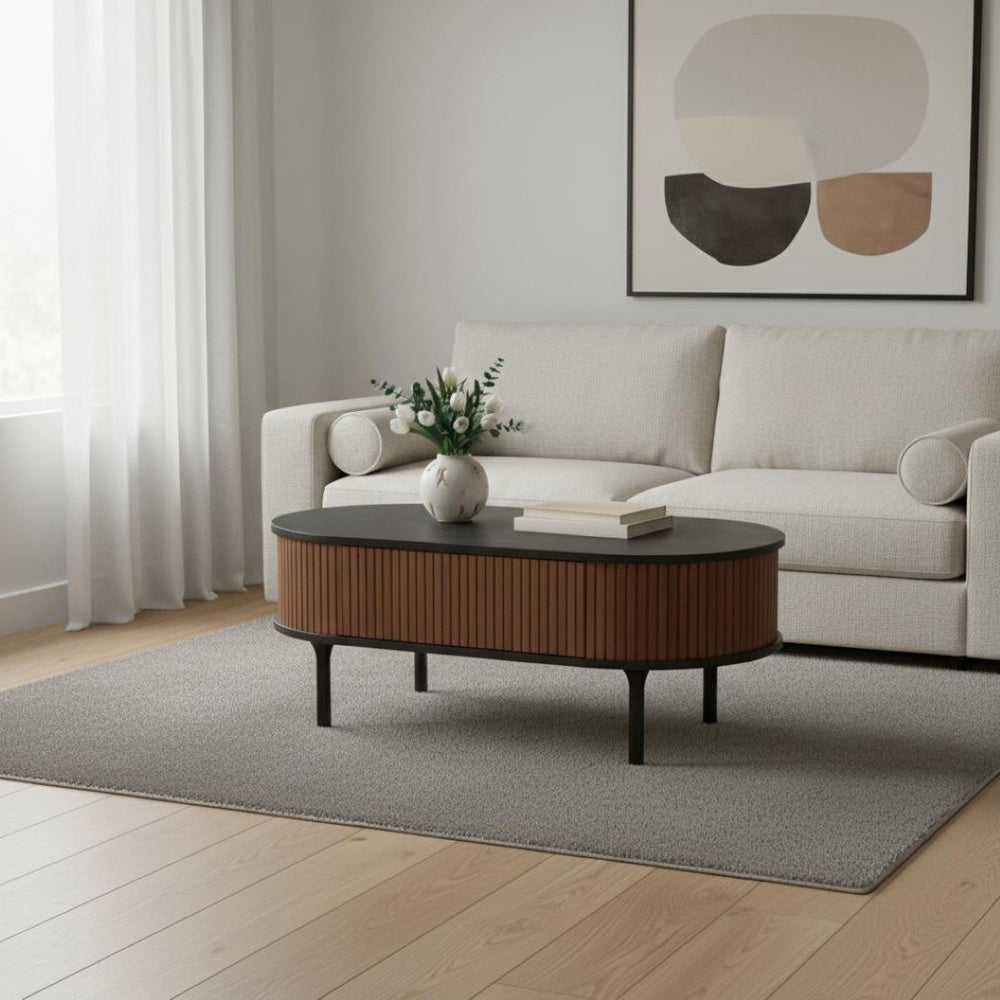 HomeRoots 47" Elegant Black Oval Pedestal Coffee Table with Drawer for Modern Living Room Décor & Storage 623340