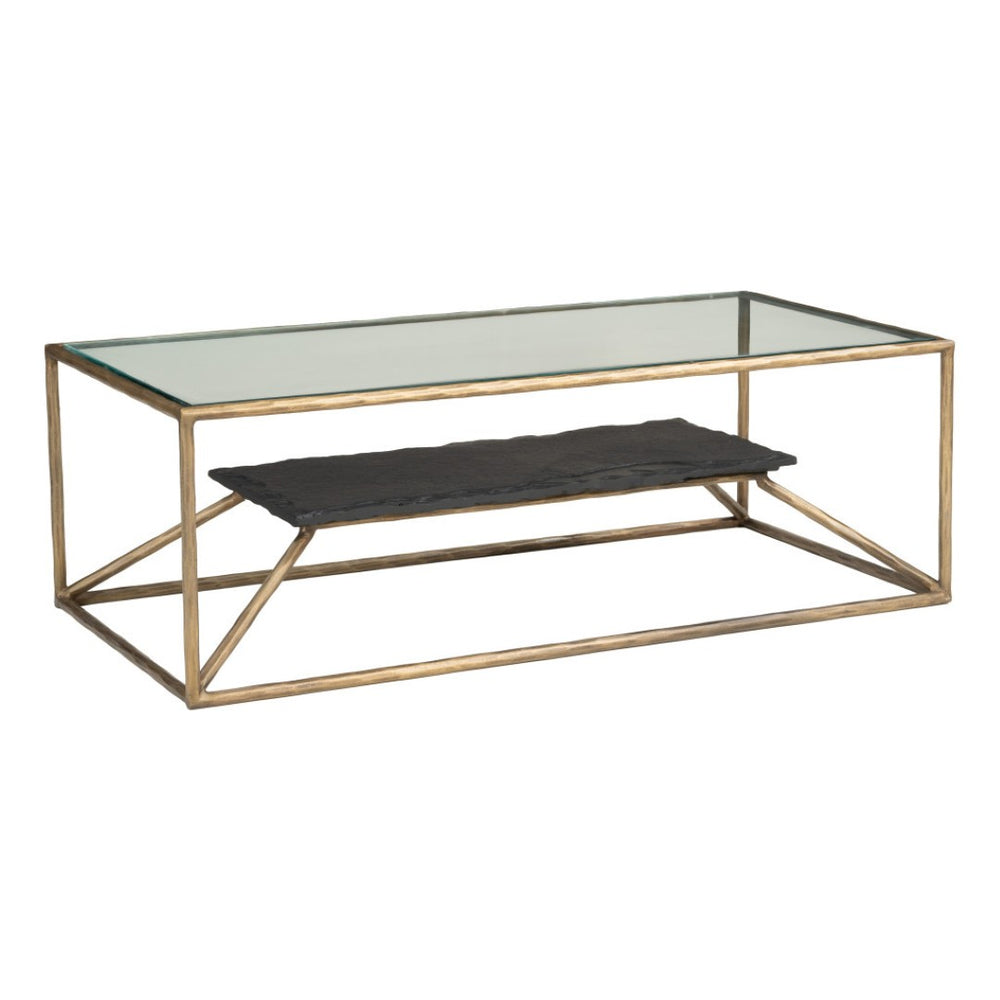 HomeRoots 48" Brass Glass and Iron Pedestal Coffee Table - Elegant Centerpiece for Modern Living Spaces & Offices 623341