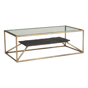 HomeRoots 48" Brass Glass and Iron Pedestal Coffee Table - Elegant Centerpiece for Modern Living Spaces & Offices 623341