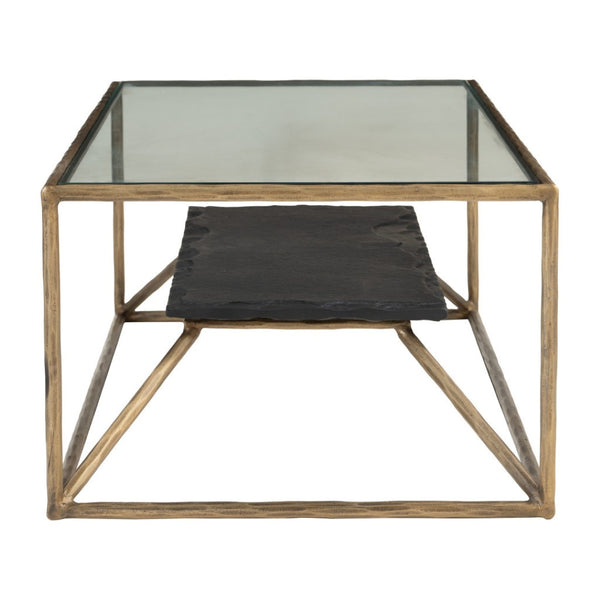 HomeRoots 48" Brass Glass and Iron Pedestal Coffee Table - Elegant Centerpiece for Modern Living Spaces & Offices 623341