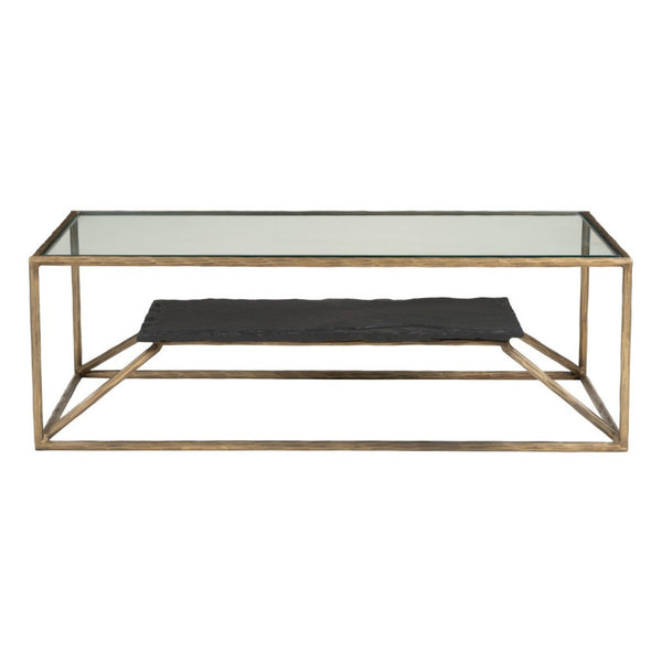 HomeRoots 48" Brass Glass and Iron Pedestal Coffee Table - Elegant Centerpiece for Modern Living Spaces & Offices 623341