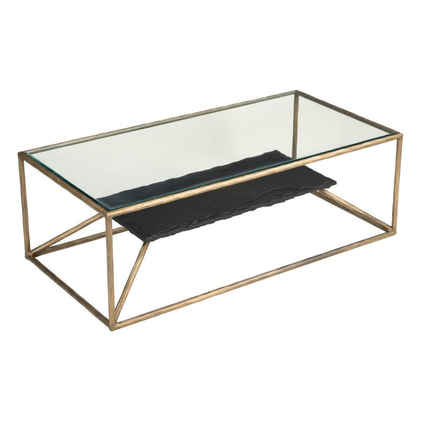 HomeRoots 48" Brass Glass and Iron Pedestal Coffee Table - Elegant Centerpiece for Modern Living Spaces & Offices 623341