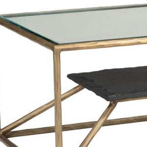 HomeRoots 48" Brass Glass and Iron Pedestal Coffee Table - Elegant Centerpiece for Modern Living Spaces & Offices 623341