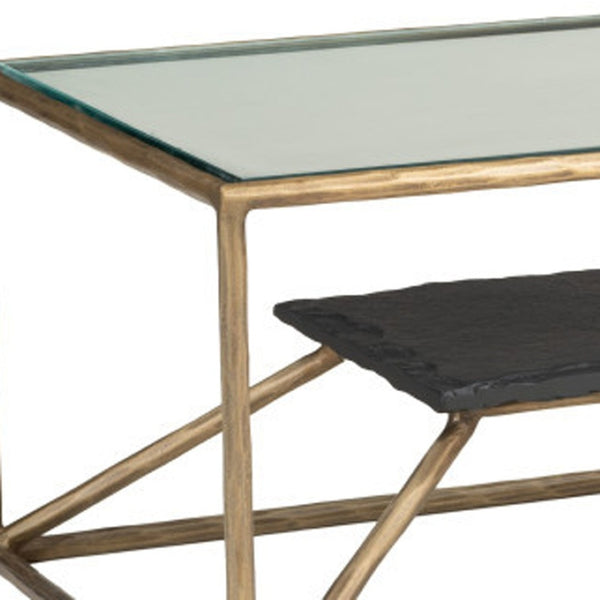 HomeRoots 48" Brass Glass and Iron Pedestal Coffee Table - Elegant Centerpiece for Modern Living Spaces & Offices 623341