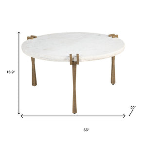 HomeRoots 33" White Genuine Marble Round Pedestal Coffee Table – Modern Iron Base, Elegant Design & Versatile Use 623344