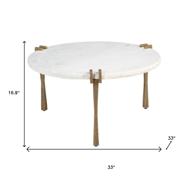 HomeRoots 33" White Genuine Marble Round Pedestal Coffee Table – Modern Iron Base, Elegant Design & Versatile Use 623344