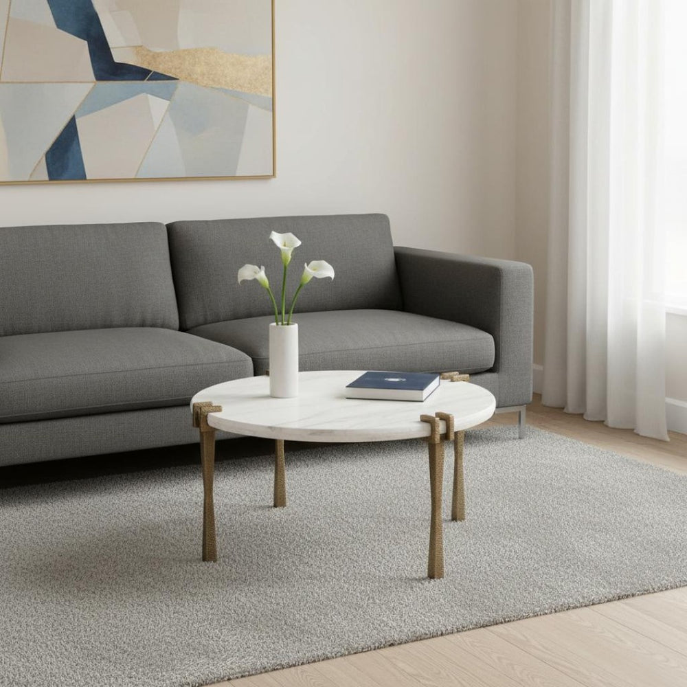 HomeRoots 33" White Genuine Marble Round Pedestal Coffee Table – Modern Iron Base, Elegant Design & Versatile Use 623344