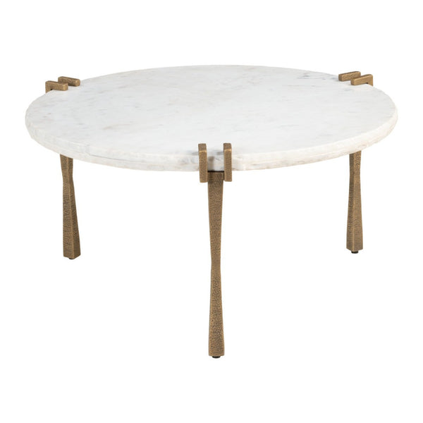 HomeRoots 33" White Genuine Marble Round Pedestal Coffee Table – Modern Iron Base, Elegant Design & Versatile Use 623344