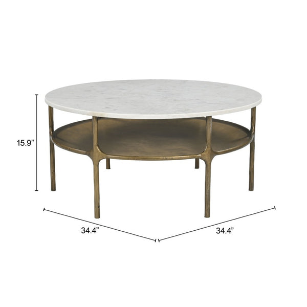 HomeRoots 35" White Marble Round Coffee Table with Sturdy Iron Base - Elegant & Versatile for Any Space 623345