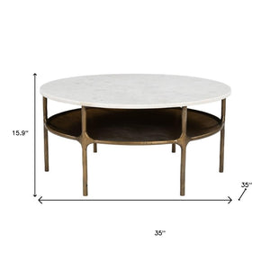 HomeRoots 35" White Marble Round Coffee Table with Sturdy Iron Base - Elegant & Versatile for Any Space 623345