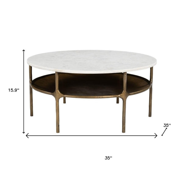 HomeRoots 35" White Marble Round Coffee Table with Sturdy Iron Base - Elegant & Versatile for Any Space 623345