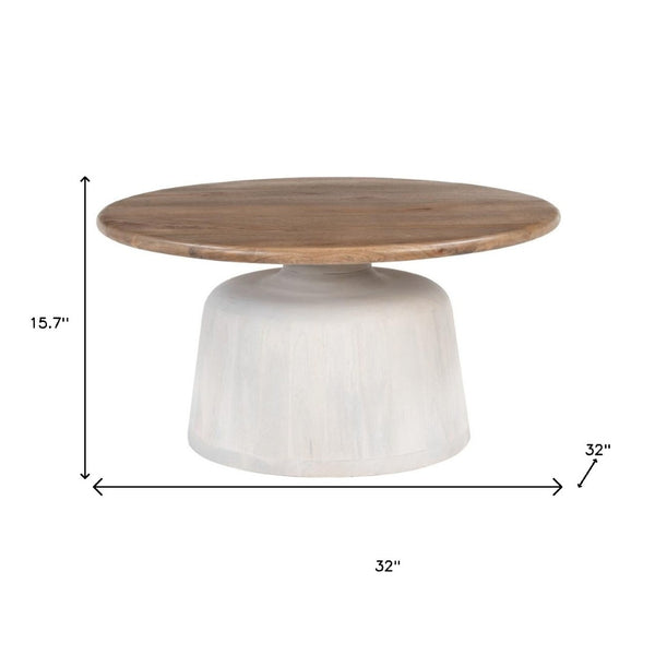 HomeRoots 32" White Round Pedestal Coffee Table - Modern Solid Wood Design for Versatile Living Spaces & Durability 623346