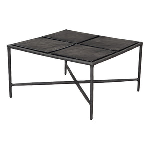 HomeRoots 32" Black Glass and Aluminum Square Pedestal Coffee Table - Modern Centerpiece for Any Room Decor 623347
