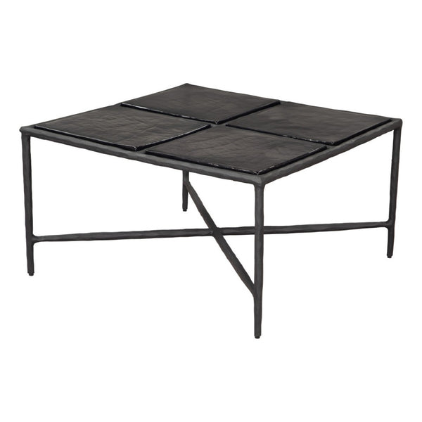 HomeRoots 32" Black Glass and Aluminum Square Pedestal Coffee Table - Modern Centerpiece for Any Room Decor 623347