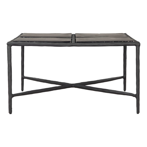 HomeRoots 32" Black Glass and Aluminum Square Pedestal Coffee Table - Modern Centerpiece for Any Room Decor 623347