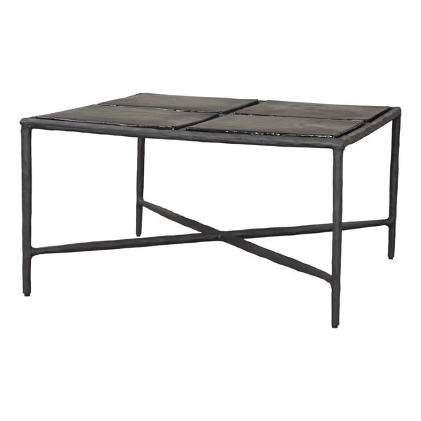 HomeRoots 32" Black Glass and Aluminum Square Pedestal Coffee Table - Modern Centerpiece for Any Room Decor 623347