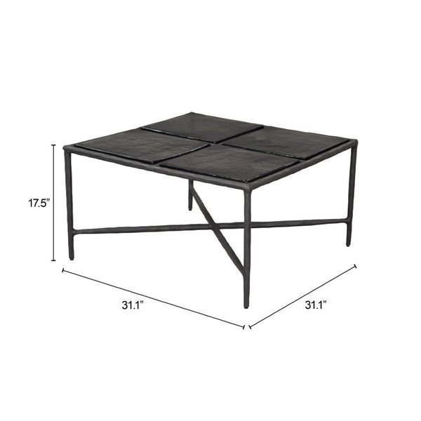 HomeRoots 32" Black Glass and Aluminum Square Pedestal Coffee Table - Modern Centerpiece for Any Room Decor 623347