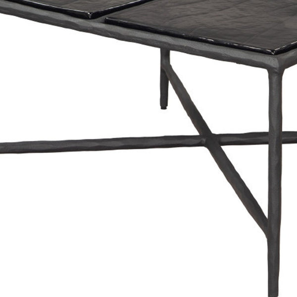 HomeRoots 32" Black Glass and Aluminum Square Pedestal Coffee Table - Modern Centerpiece for Any Room Decor 623347