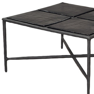 HomeRoots 32" Black Glass and Aluminum Square Pedestal Coffee Table - Modern Centerpiece for Any Room Decor 623347