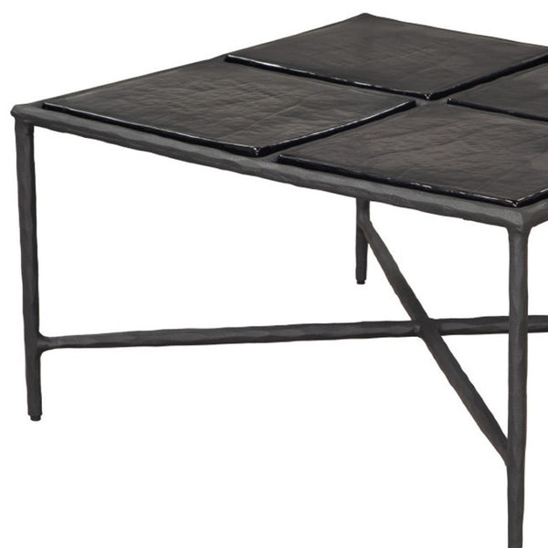 HomeRoots 32" Black Glass and Aluminum Square Pedestal Coffee Table - Modern Centerpiece for Any Room Decor 623347