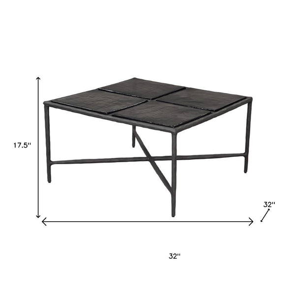 HomeRoots 32" Black Glass and Aluminum Square Pedestal Coffee Table - Modern Centerpiece for Any Room Decor 623347