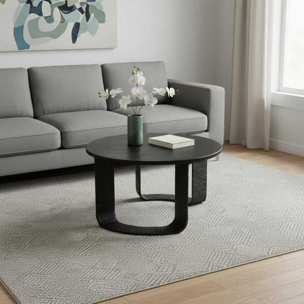 HomeRoots 32" Black Glass Coffee Table - Modern Round Pedestal Design for Living Room & Office Elegance 623348