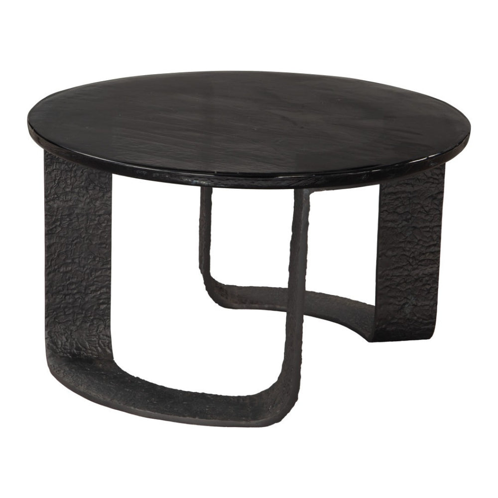 HomeRoots 32" Black Glass Coffee Table - Modern Round Pedestal Design for Living Room & Office Elegance 623348