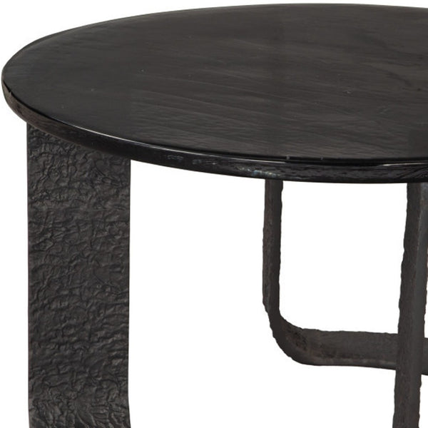 HomeRoots 32" Black Glass Coffee Table - Modern Round Pedestal Design for Living Room & Office Elegance 623348