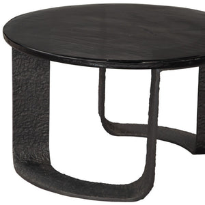 HomeRoots 32" Black Glass Coffee Table - Modern Round Pedestal Design for Living Room & Office Elegance 623348
