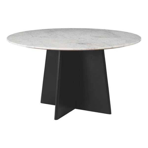 HomeRoots 51" Round White Marble and Wood Pedestal Dining Table - Modern Elegance for Your Space, Seats 4! 623351
