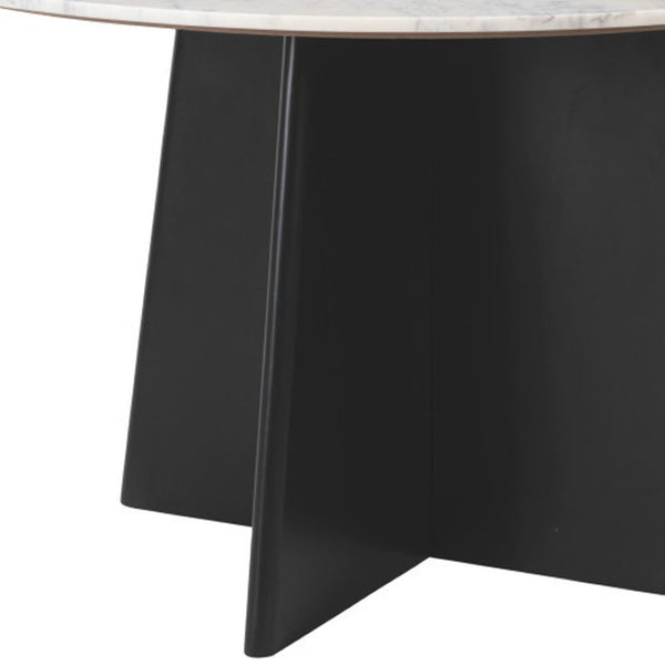 HomeRoots 51" Round White Marble and Wood Pedestal Dining Table - Modern Elegance for Your Space, Seats 4! 623351