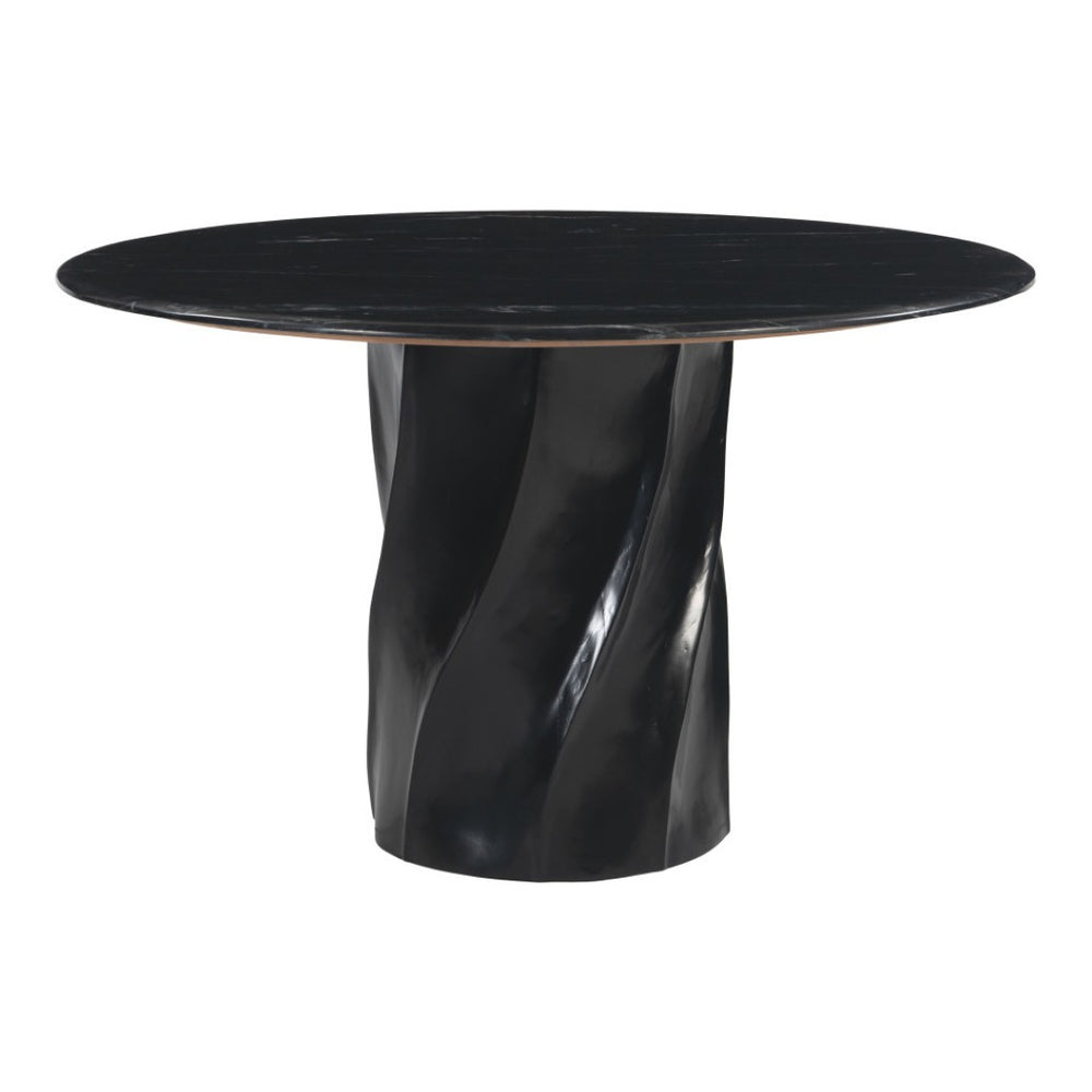 HomeRoots 48" Black Marble Dining Table with Wood Pedestal Base - Elegant Centerpiece for 4 Diners, Modern Style 623352