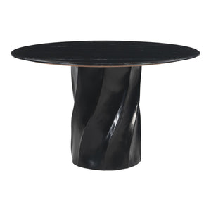 HomeRoots 48" Black Marble Dining Table with Wood Pedestal Base - Elegant Centerpiece for 4 Diners, Modern Style 623352