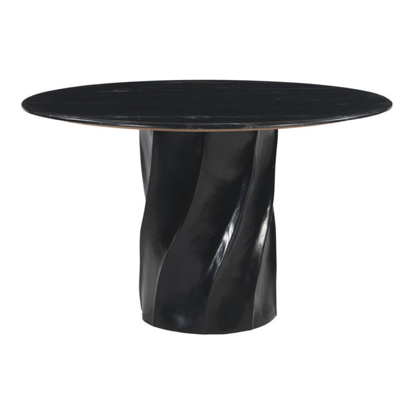HomeRoots 48" Black Marble Dining Table with Wood Pedestal Base - Elegant Centerpiece for 4 Diners, Modern Style 623352