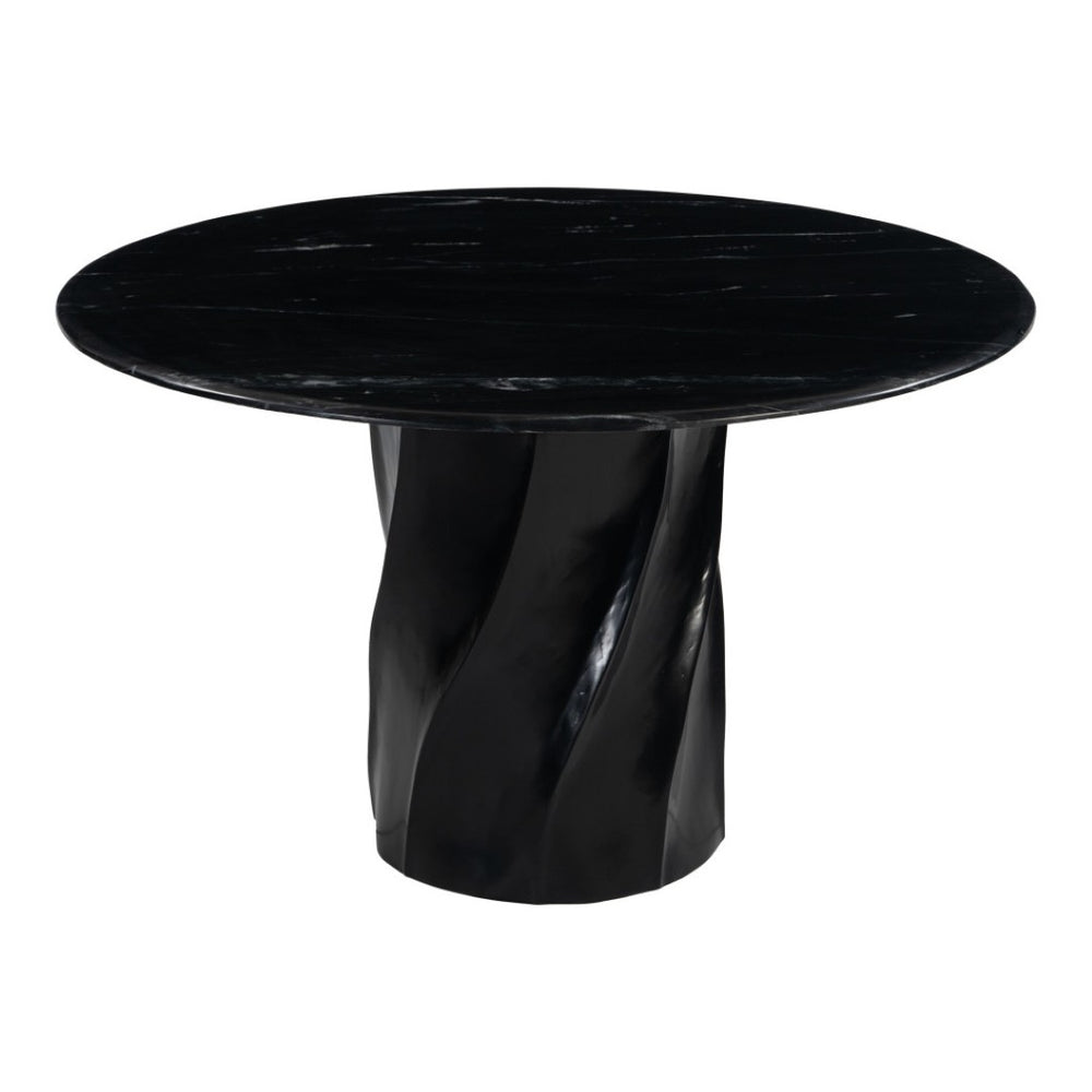 HomeRoots 48" Black Marble Dining Table with Wood Pedestal Base - Elegant Centerpiece for 4 Diners, Modern Style 623352