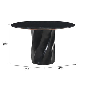 HomeRoots 48" Black Marble Dining Table with Wood Pedestal Base - Elegant Centerpiece for 4 Diners, Modern Style 623352