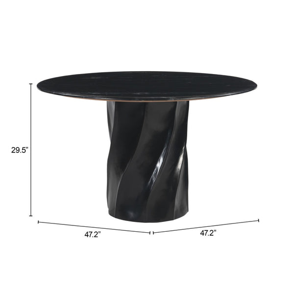 HomeRoots 48" Black Marble Dining Table with Wood Pedestal Base - Elegant Centerpiece for 4 Diners, Modern Style 623352