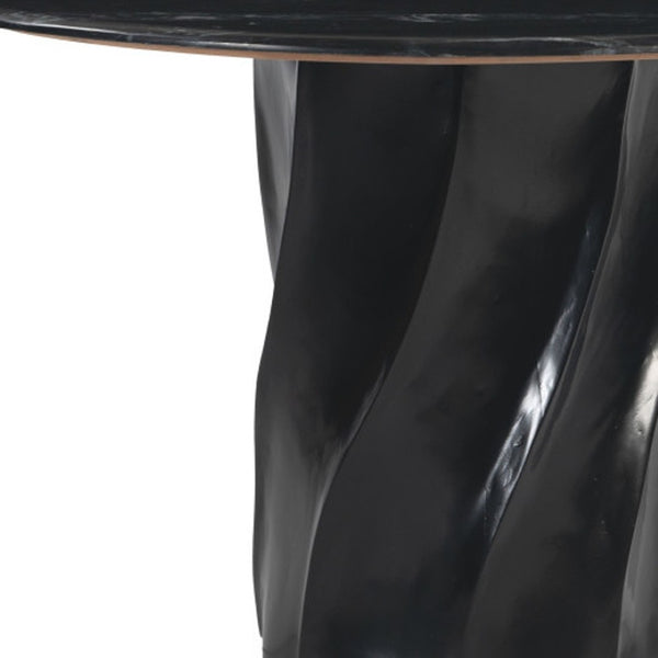 HomeRoots 48" Black Marble Dining Table with Wood Pedestal Base - Elegant Centerpiece for 4 Diners, Modern Style 623352