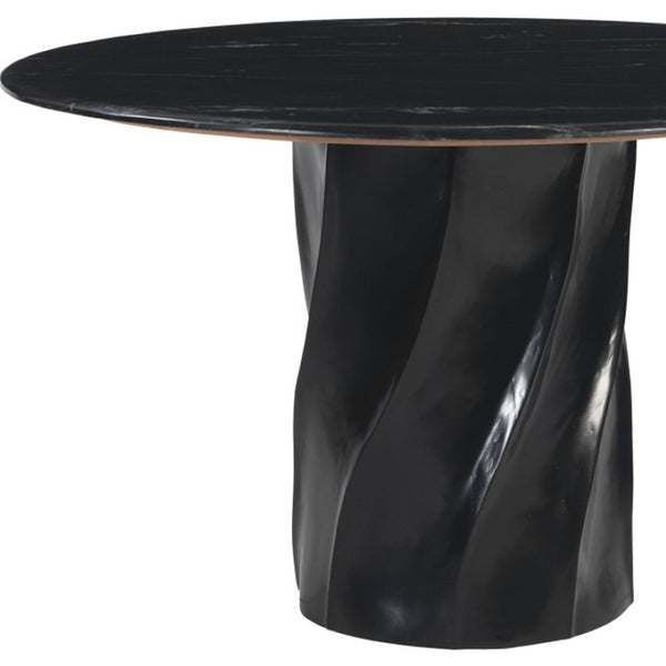 HomeRoots 48" Black Marble Dining Table with Wood Pedestal Base - Elegant Centerpiece for 4 Diners, Modern Style 623352