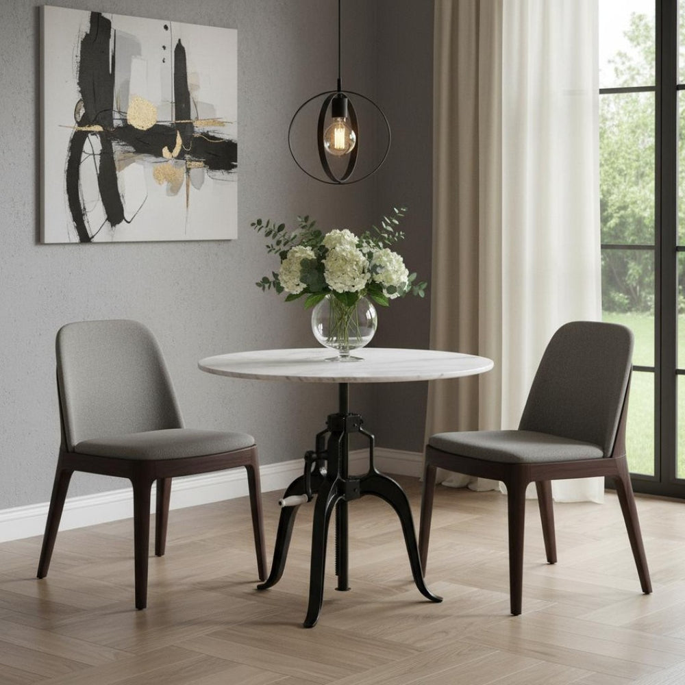 HomeRoots Adjustable Height Round Dining Table with White Marble Top & Wood Base – Versatile & Stylish Design 623361