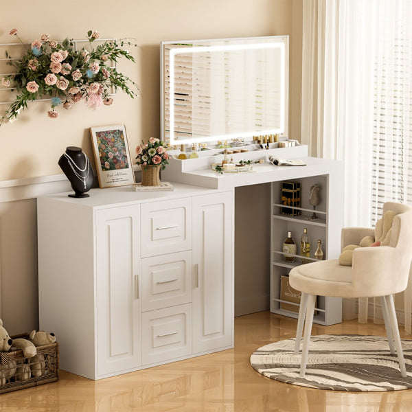 HomeRoots 59" Solid Wood Vanity Table with Lighted Mirror & Three Drawers for Elegant Grooming & Storage 623363